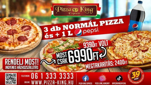 Pizza King 7 - 3 db normál pizza 1 literes Pepsivel - Szuper ajánlat - Online rendelés